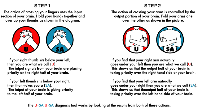 STEP1 The action of crossing your fingers uses the input section of your brain. Hold your hands together and overlap your thumbs as shown in the diagram. STEP2 The action of crossing your arms is controlled by the output portion of your brain. Fold your arms one over the other as shown in the picture.